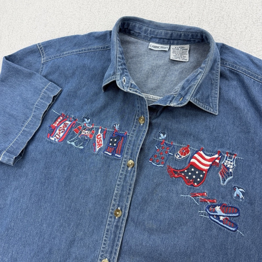 Vintage Patriotic Embroidered Denim Shirt XL Grannycore Cottagecore Novelty